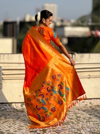 Premium Paithani Silk with Contrast Rich Meenakari Peacock Pallu - FREE, ORANGE