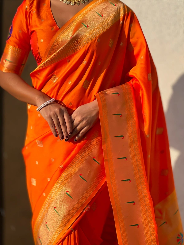 Premium Paithani Silk with Contrast Rich Meenakari Peacock Pallu - FREE, ORANGE