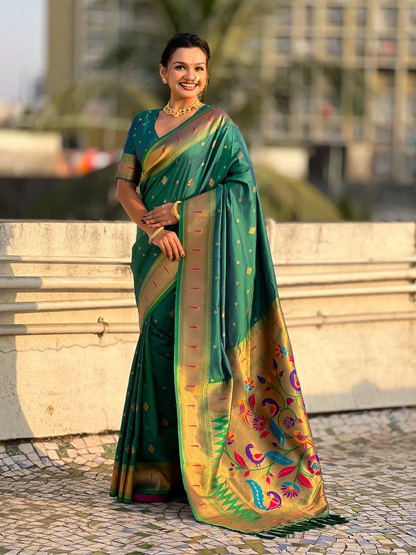 Premium Paithani Silk with Contrast Rich Meenakari Peacock Pallu