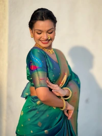 Premium Paithani Silk with Contrast Rich Meenakari Peacock Pallu - FREE, PGREEN