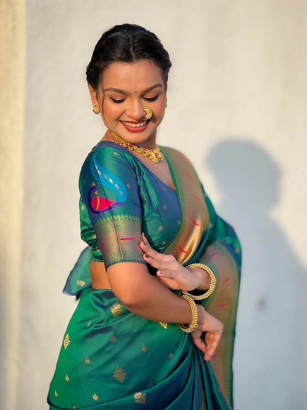 Premium Paithani Silk with Contrast Rich Meenakari Peacock Pallu - FREE, PGREEN