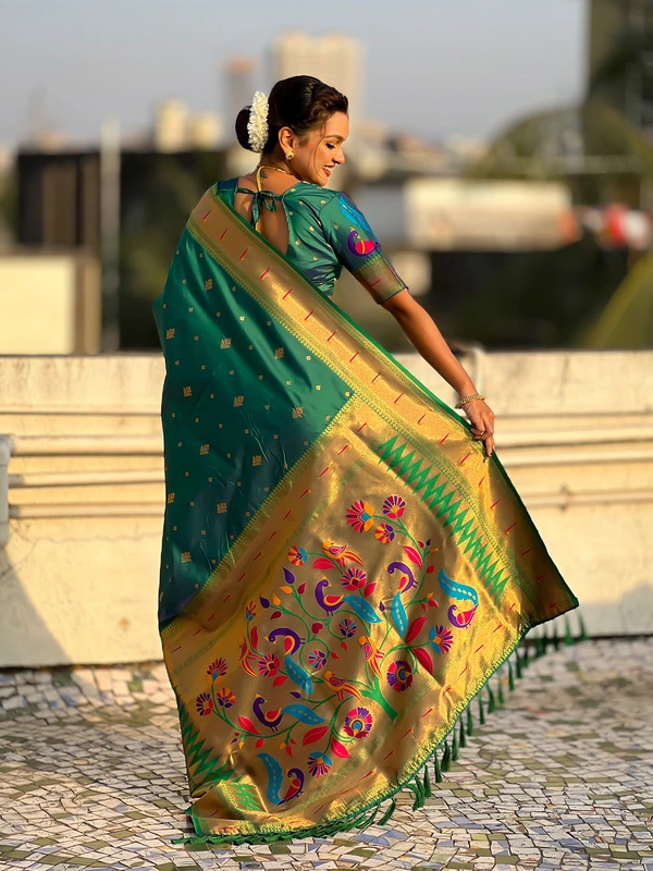 Premium Paithani Silk with Contrast Rich Meenakari Peacock Pallu - FREE, PGREEN