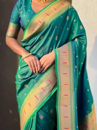 Premium Paithani Silk with Contrast Rich Meenakari Peacock Pallu - FREE, PGREEN