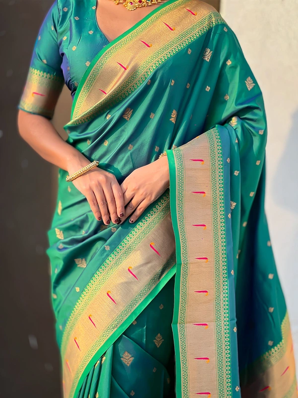 Premium Paithani Silk with Contrast Rich Meenakari Peacock Pallu - FREE, PGREEN