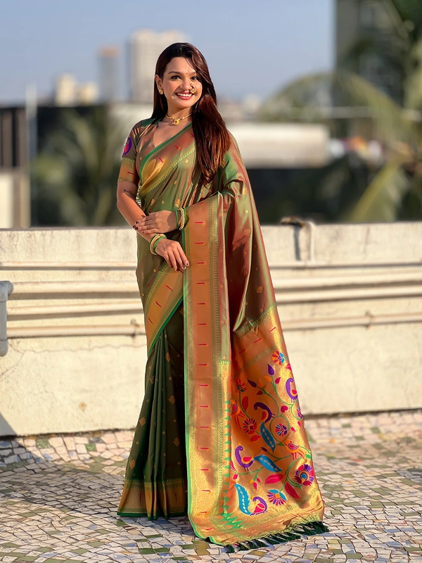 Premium Paithani Silk with Contrast Rich Meenakari Peacock Pallu