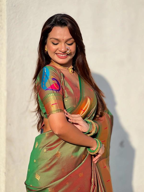 Premium Paithani Silk with Contrast Rich Meenakari Peacock Pallu - FREE, MEHENDI