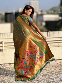 Premium Paithani Silk with Contrast Rich Meenakari Peacock Pallu - FREE, MEHENDI