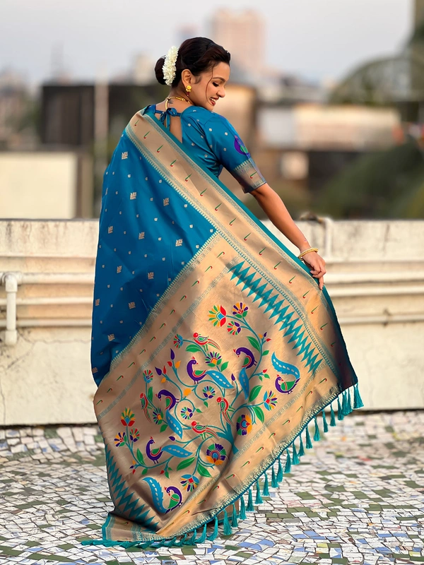 Premium Paithani Silk with Contrast Rich Meenakari Peacock Pallu - FREE, RAMA