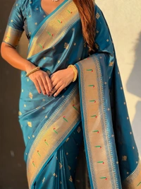 Premium Paithani Silk with Contrast Rich Meenakari Peacock Pallu - FREE, RAMA