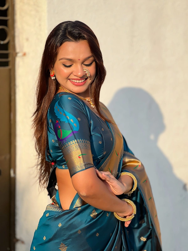 Premium Paithani Silk with Contrast Rich Meenakari Peacock Pallu - FREE, DENIM