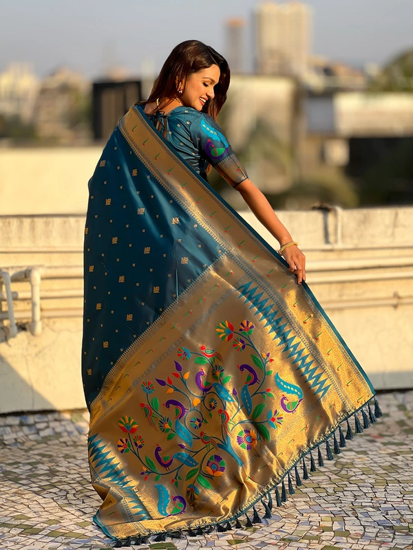 Premium Paithani Silk with Contrast Rich Meenakari Peacock Pallu - FREE, DENIM