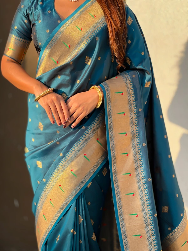 Premium Paithani Silk with Contrast Rich Meenakari Peacock Pallu - FREE, DENIM