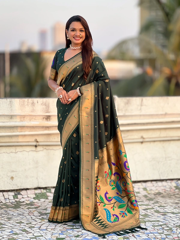 Premium Paithani Silk with Contrast Rich Meenakari Peacock Pallu