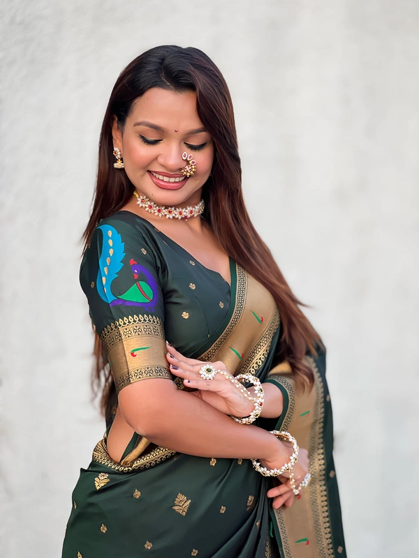 Premium Paithani Silk with Contrast Rich Meenakari Peacock Pallu - FREE, BOTTLEGREEN