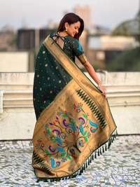 Premium Paithani Silk with Contrast Rich Meenakari Peacock Pallu - FREE, BOTTLEGREEN