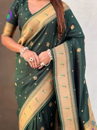 Premium Paithani Silk with Contrast Rich Meenakari Peacock Pallu - FREE, BOTTLEGREEN