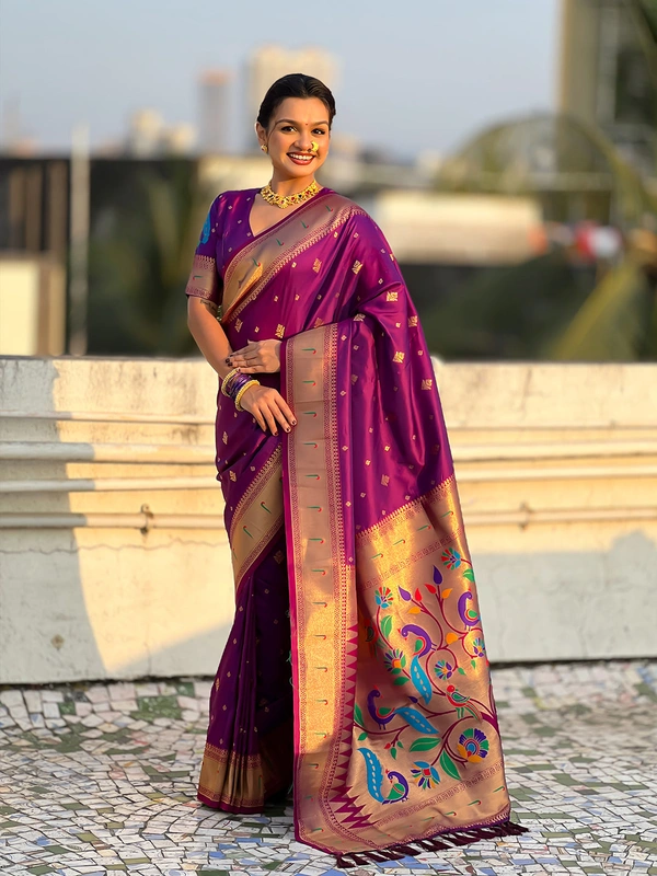 Premium Paithani Silk with Contrast Rich Meenakari Peacock Pallu