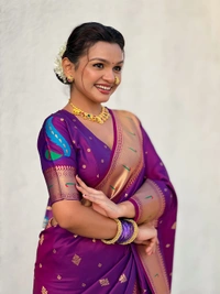 Premium Paithani Silk with Contrast Rich Meenakari Peacock Pallu - FREE, PURPLE