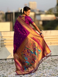 Premium Paithani Silk with Contrast Rich Meenakari Peacock Pallu - FREE, PURPLE