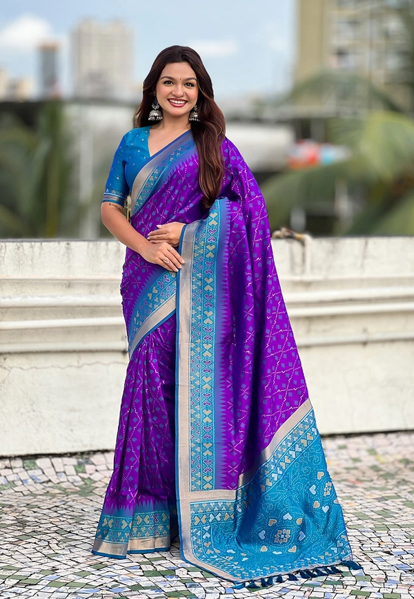 Premium Patola Silk Saree with Meenakari Ikkat Weaves & Bandhani Pallu
