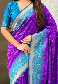 Premium Patola Silk Saree with Meenakari Ikkat Weaves & Bandhani Pallu - FREE, PURPLE