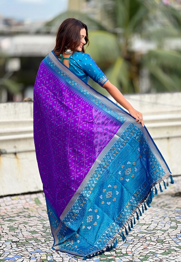 Premium Patola Silk Saree with Meenakari Ikkat Weaves & Bandhani Pallu - FREE, PURPLE