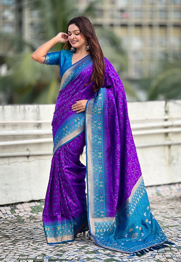 Premium Patola Silk Saree with Meenakari Ikkat Weaves & Bandhani Pallu - FREE, PURPLE