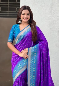 Premium Patola Silk Saree with Meenakari Ikkat Weaves & Bandhani Pallu - FREE, PURPLE