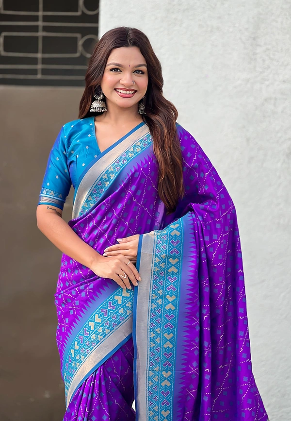 Premium Patola Silk Saree with Meenakari Ikkat Weaves & Bandhani Pallu - FREE, PURPLE