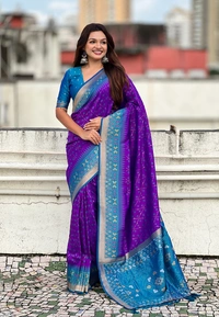 Premium Patola Silk Saree with Meenakari Ikkat Weaves & Bandhani Pallu - FREE, PURPLE