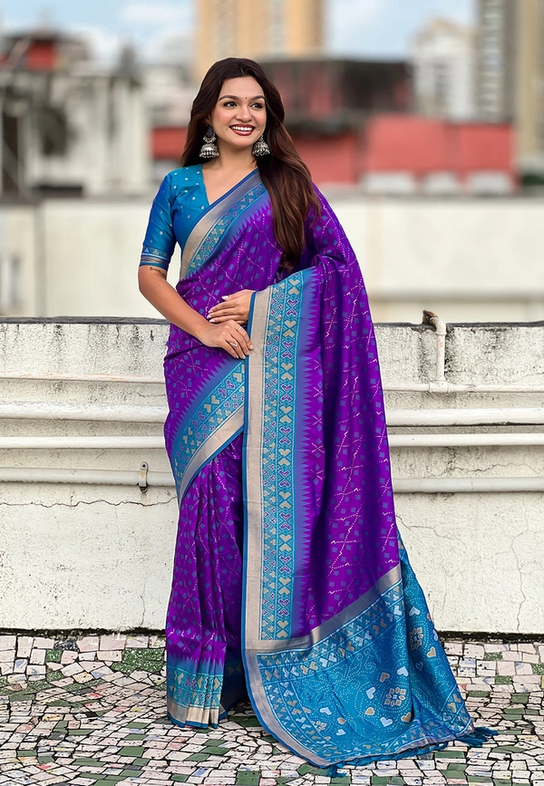 Premium Patola Silk Saree with Meenakari Ikkat Weaves & Bandhani Pallu - FREE, PURPLE