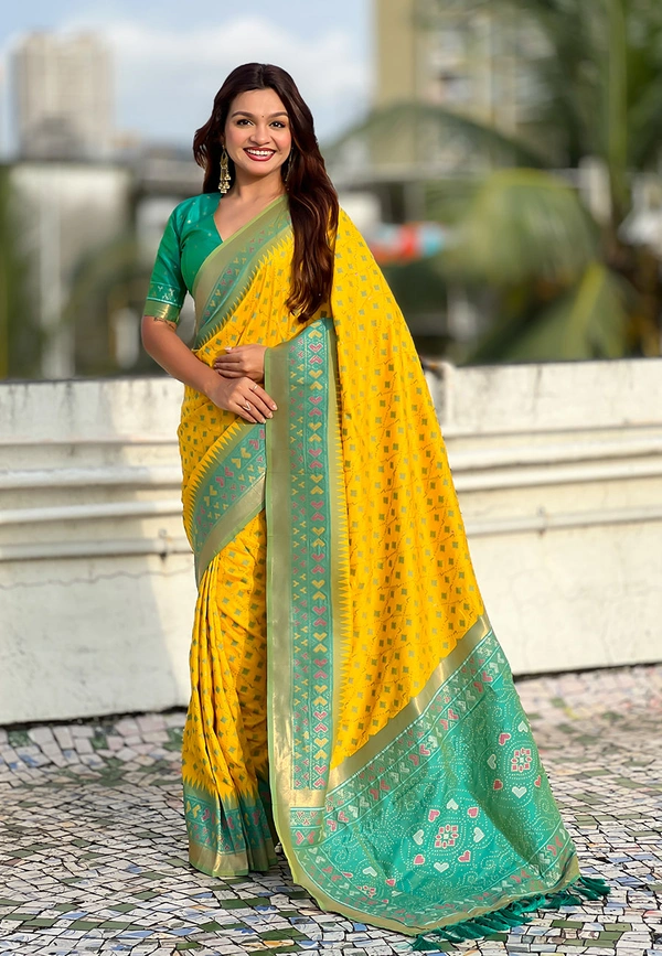Premium Patola Silk Saree with Meenakari Ikkat Weaves & Bandhani Pallu