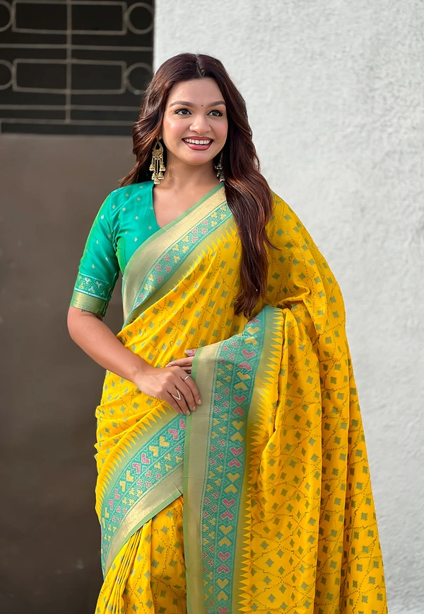 Premium Patola Silk Saree with Meenakari Ikkat Weaves & Bandhani Pallu - FREE, YELLOW