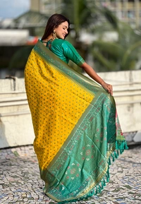 Premium Patola Silk Saree with Meenakari Ikkat Weaves & Bandhani Pallu - FREE, YELLOW