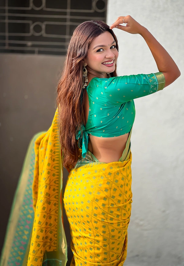 Premium Patola Silk Saree with Meenakari Ikkat Weaves & Bandhani Pallu - FREE, YELLOW