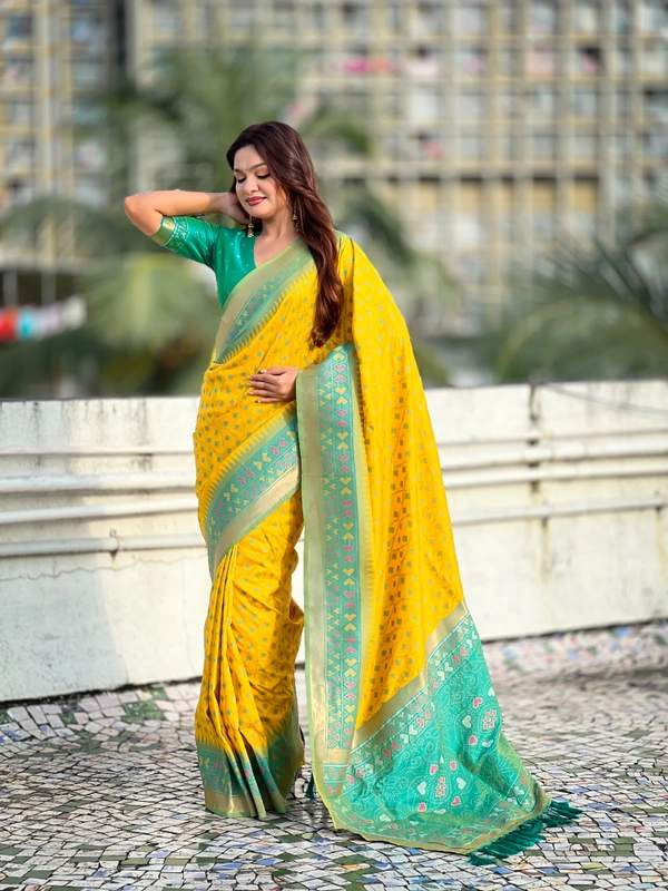 Premium Patola Silk Saree with Meenakari Ikkat Weaves & Bandhani Pallu - FREE, YELLOW