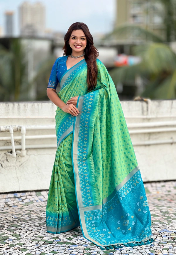 Premium Patola Silk Saree with Meenakari Ikkat Weaves & Bandhani Pallu