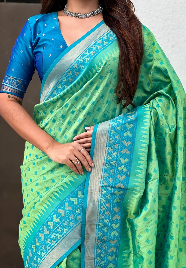 Premium Patola Silk Saree with Meenakari Ikkat Weaves & Bandhani Pallu - FREE, PISTA