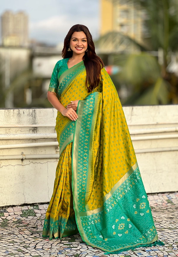 Premium Patola Silk Saree with Meenakari Ikkat Weaves & Bandhani Pallu