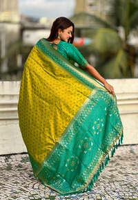 Premium Patola Silk Saree with Meenakari Ikkat Weaves & Bandhani Pallu - FREE, MEHENDI