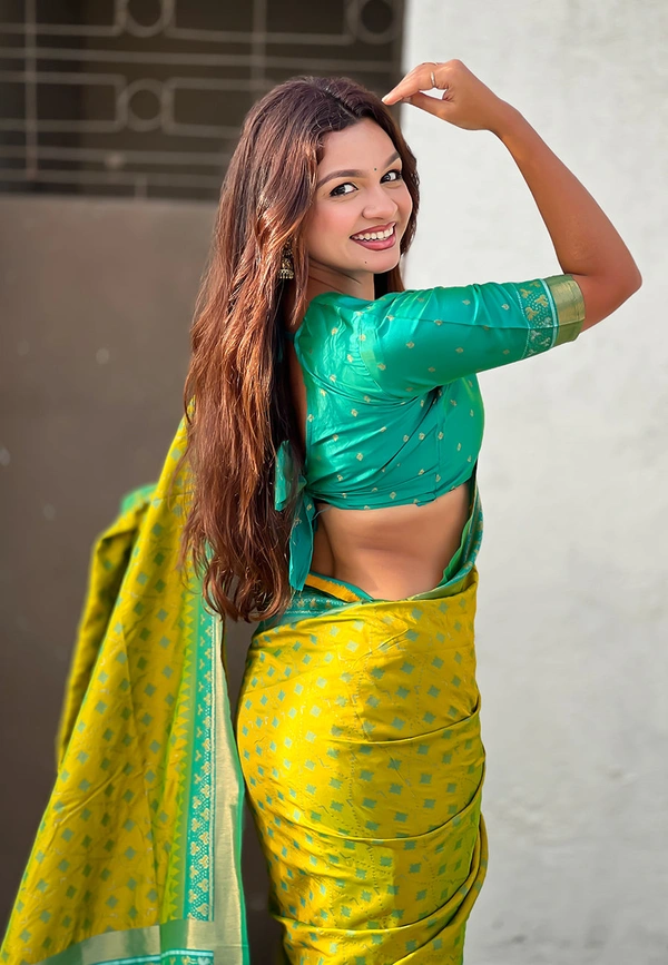 Premium Patola Silk Saree with Meenakari Ikkat Weaves & Bandhani Pallu - FREE, MEHENDI