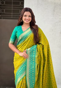 Premium Patola Silk Saree with Meenakari Ikkat Weaves & Bandhani Pallu - FREE, MEHENDI