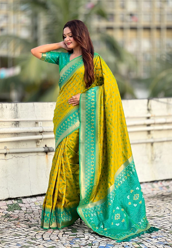 Premium Patola Silk Saree with Meenakari Ikkat Weaves & Bandhani Pallu - FREE, MEHENDI