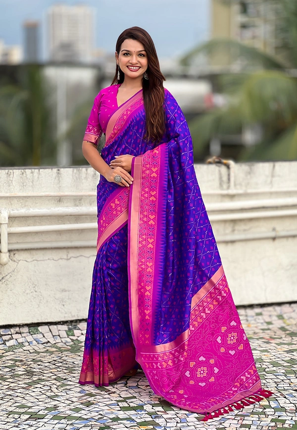 Premium Patola Silk Saree with Meenakari Ikkat Weaves & Bandhani Pallu
