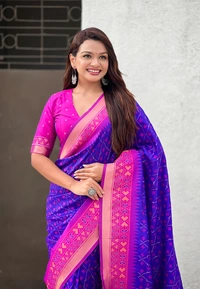 Premium Patola Silk Saree with Meenakari Ikkat Weaves & Bandhani Pallu - FREE, VIOLET