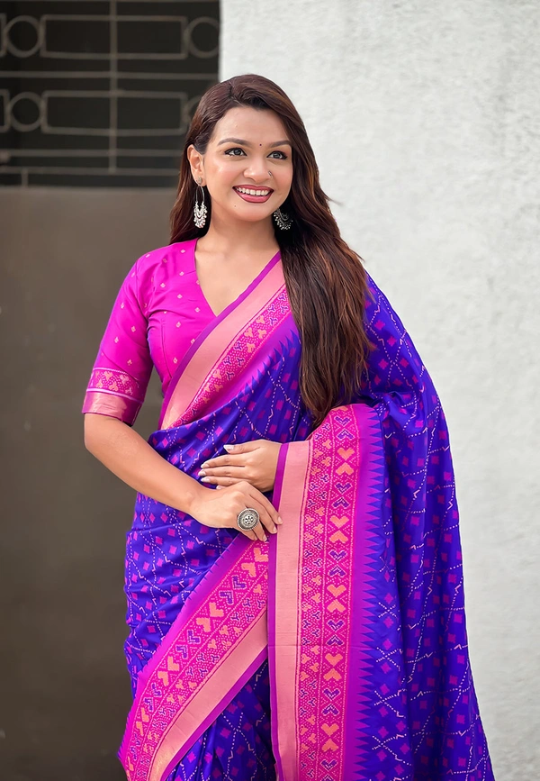 Premium Patola Silk Saree with Meenakari Ikkat Weaves & Bandhani Pallu - FREE, VIOLET