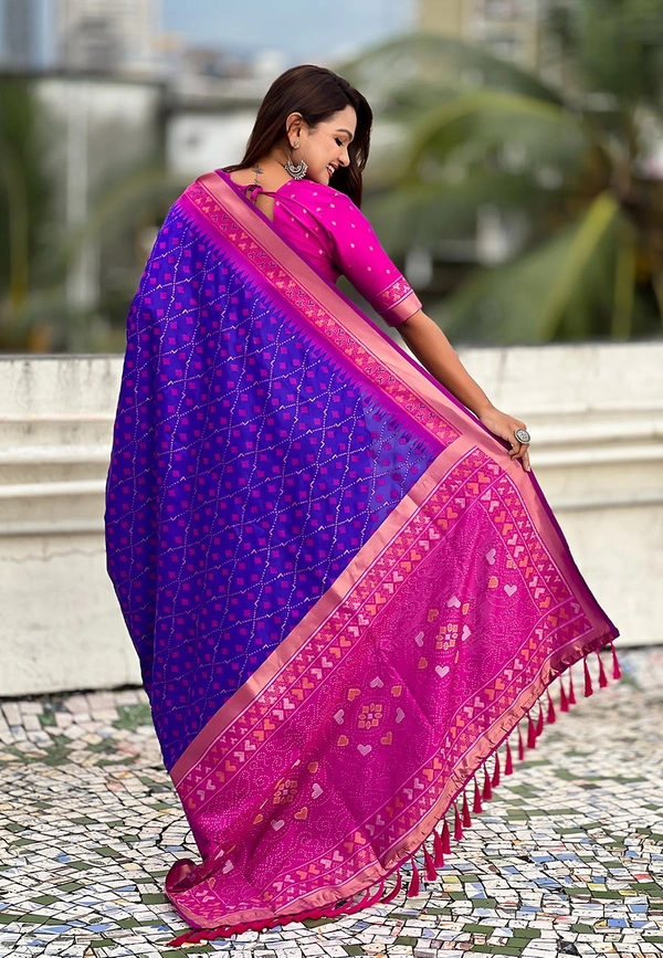 Premium Patola Silk Saree with Meenakari Ikkat Weaves & Bandhani Pallu - FREE, VIOLET