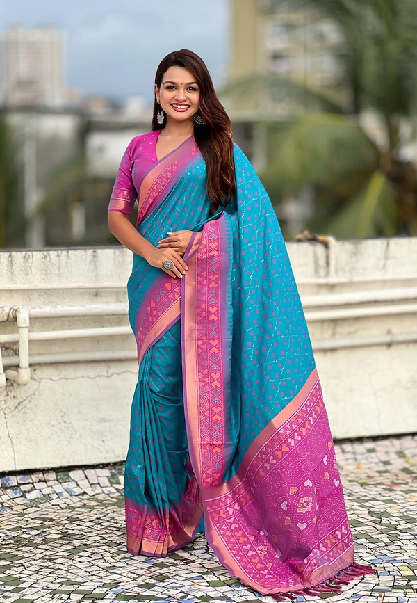 Premium Patola Silk Saree with Meenakari Ikkat Weaves & Bandhani Pallu