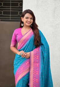 Premium Patola Silk Saree with Meenakari Ikkat Weaves & Bandhani Pallu - FREE, SKY