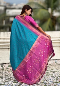 Premium Patola Silk Saree with Meenakari Ikkat Weaves & Bandhani Pallu - FREE, SKY